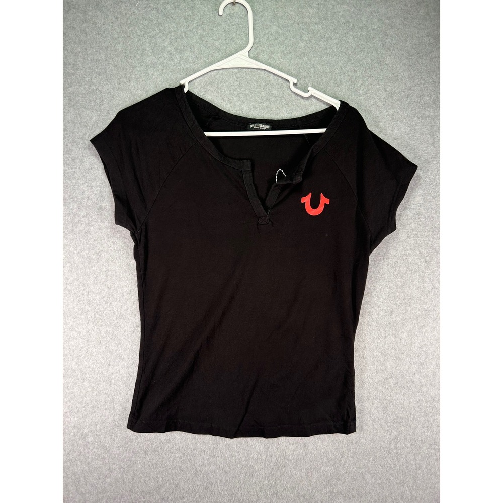 True Religion Womens Black Short Sleeve Split Neck Logo Graphic Top